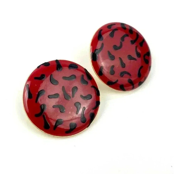 VTG Red Enamel Splatter Round Earrings Unique Gold Tone - Picture 5 of 6